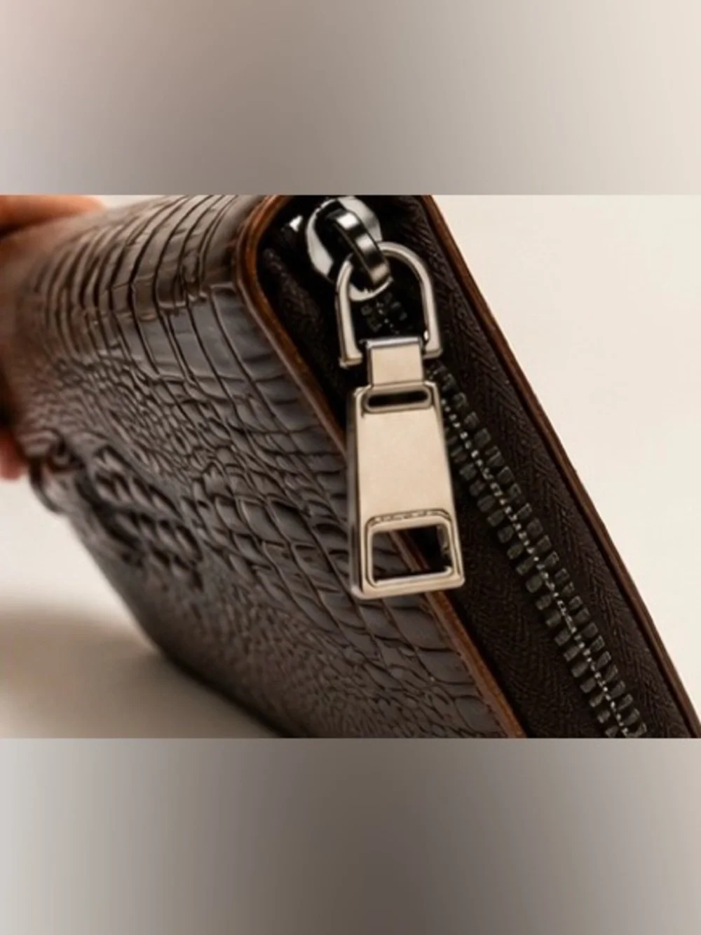 Brown Crocodile Embossed Zip Around Long Wallet Statement Clutch